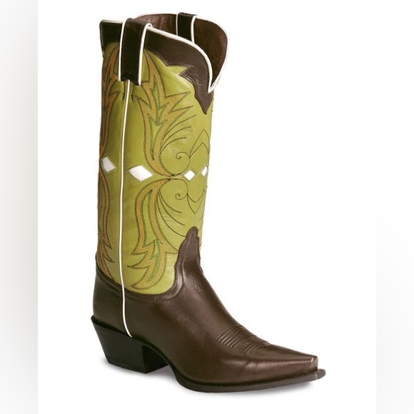 Nocona Women's Moka & Green Leather Snip Toe Cowgirl Boots - Picture 1 of 16